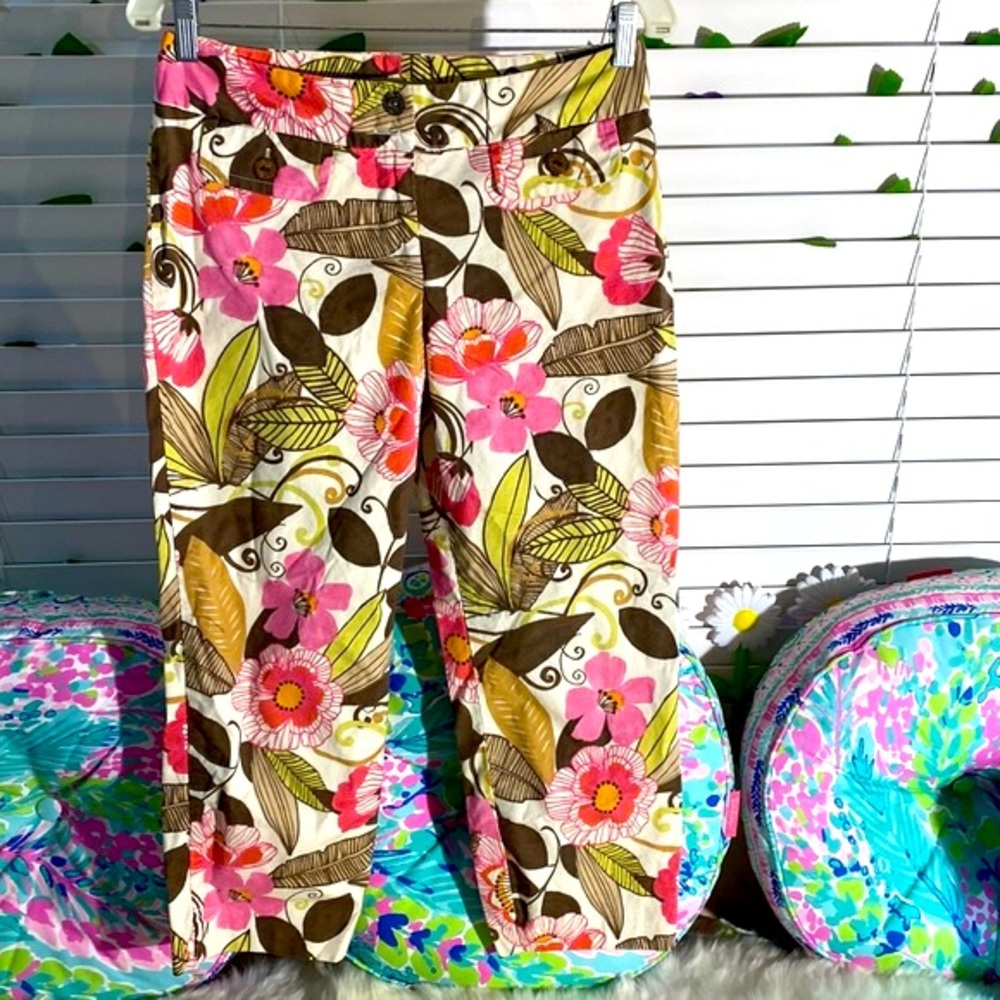 Sigrid Olsen tan and pink cropped floral pants